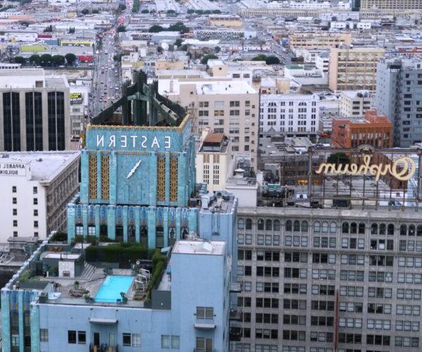 Areal view of the Eastern Columbia building and Orpheum Theatre on L.A.'s Broadway.